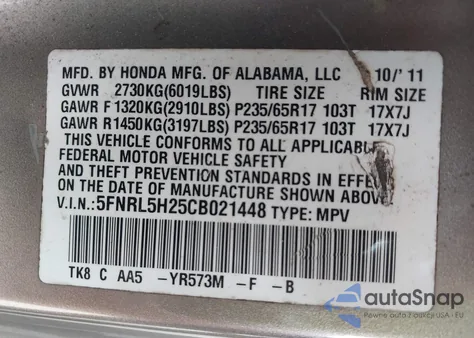 2012 Honda Odyssey Lx из США, поврежденный, VIN 5FNRL5H25CB021448